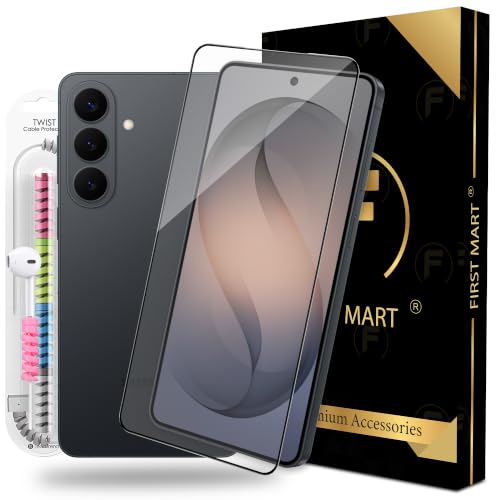 Image of FIRST MART Tempered Glass for Samsung Galaxy S26 Plus, 9H 0.3 mm Full-Glue Screen Protector with Cable Protector, 3D Edge-to-Edge, HD Clear, Case-Friendly, Black, Pack of 1