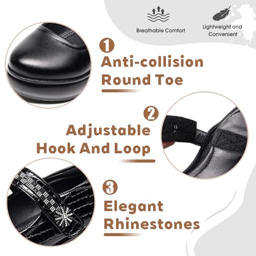 Women's Leather Printing Platform Wedge Arch Support Mary Janes with Rhinestone Adjustable Hook and Loop Cute Round Toe Comfortable Orthopedics Non-Slip Walking Shoes for Casual Office Dress3