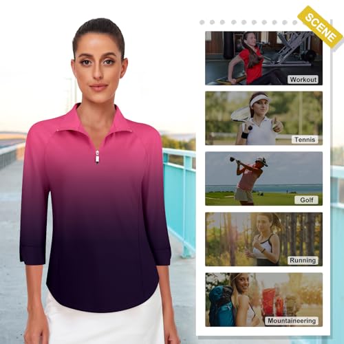 Image of Cucuchy Style Womens Golf Shirt 3 /4 Sleeve Quarter Zip Workout Tennis Tops Quick Dry UPF 50+ Shirts
