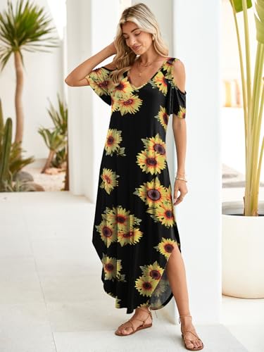 Image of BELAROI Womens Cold Shoulder Maxi Dress Plus Size V Neck Summer Sundresses with Pockets Beach Coverup Vacation Outfits