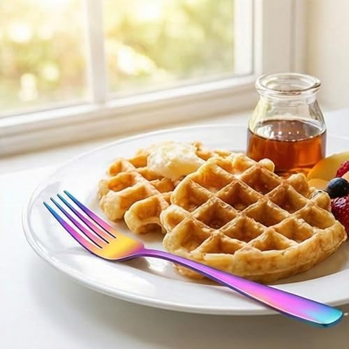 Image of 7.7 inch Rainbow Dinner Forks Set of 4 - Food-Grade 18 /8 Stainless Steel Silverware, Durable Mirror Polished Metal Forks, Dishwasher Safe, Perfect for Home, Restaurant, and Gifting