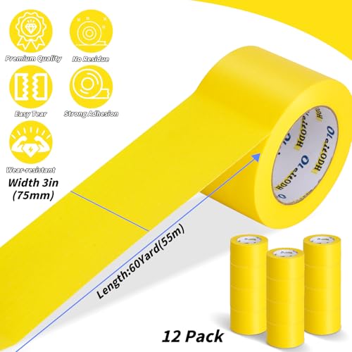Image of Oleitodh 12 Rolls Yellow Painters Tape Bulk 3 inch x 60 Yards, Painters Masking Tape No Residue Wall Painting Tape Artist Tape Trim Edge Finishing Tape for Wall Painting Decoration DIY Supplies