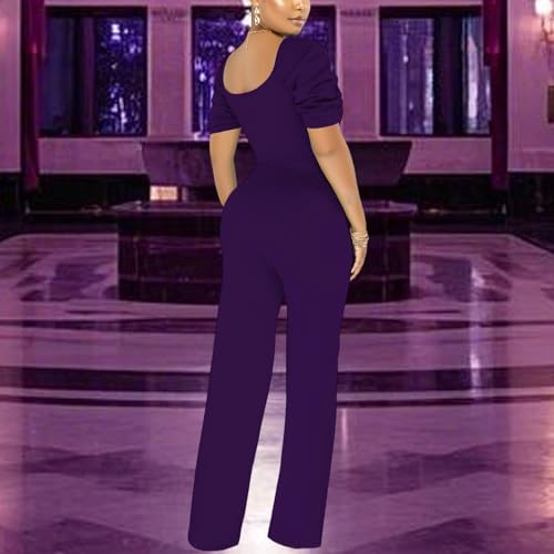 Image of PaladMom Womens Elegant Plus Size Jumpsuits Sexy Back zipper Short Sleeve Mid Waist Wide Leg Straight Rompers