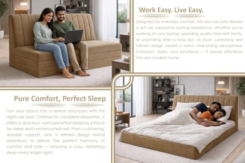 Image of 3-Seater Floor Sofa Cum Bed Modern Velvet Fabric Folding Couch for Living Room, Guest Room & Small Spaces-Golden