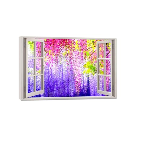 Toile paysage rose et violet décoration murale maison tableau fausse fenêtre nature encadré 30x45cm