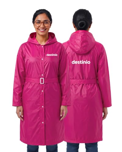 Image of Destinio Raincoat for Women Waterproof | Long Hooded Polyester Raincoat with PVC Lining | High Neck Double Layer Seam-Sealed Rain Wear with Waist Belt | Windproof Monsoon Rain Coat