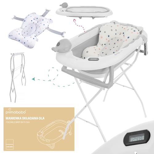 Primabobo Baignoire Pliante pour Bébé 81cm avec Support, Thermomètre et Coussin
