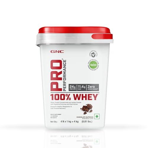 Image of GNC Pro Performance 100% Whey Protein Powder | 8.8 Lbs : 4 KG (1 KG X 4 Pouches) + Bucket | 24g Protein Chocolate Supreme | 5.5g BCAA | Boosts Strength & Endurance | Builds Lean Muscles | Fastens Muscle Recovery | Formulated In USA