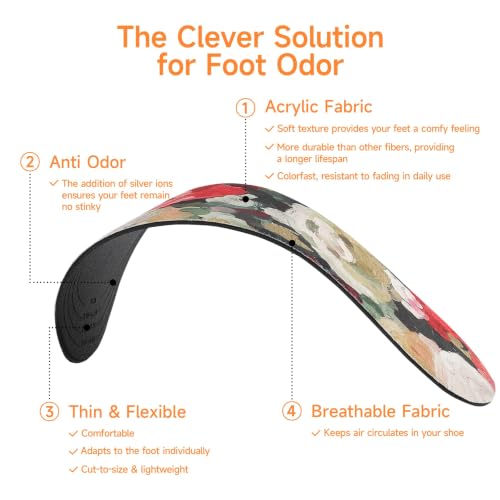 Image of 6 Pair Women No Show Socks Anti-Odor Sockless Shoe Insert Size 9-13 | Thin Shoe Insoles,Breathable,Comfort Barefoot Shoe Liner,Machine Washable,Moisture Control,Cute,Everyday Insole,Floral Print