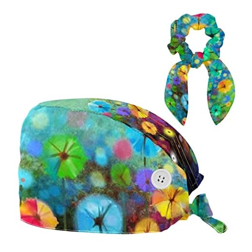 FVQL Sombreros quirúrgicos reutilizables con diadema, sombreros de enfermera, gorro de médico, patrón colorido, pintura floral gerbera, Color 1908, Talla única