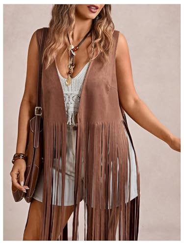 Women's Plus Size Western Fringe Vest Hippie Boho Tassel Suede Cowgirl Sleeveless Jackets 70s Outfits3