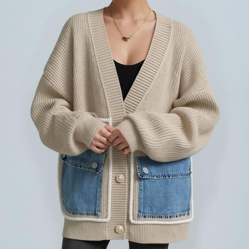 Image of FindThy Women's Casual Button Up Cardigan Oversized Long Sleeve Jean Patchwork Sweater Cardigans