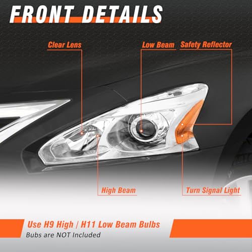 Image of Headlight Assembly for 13-15 Nissan Altima Compatible with 2013 2014 2015 Nissan Altima Only fit 4 Door Driver and Passenger Side Chrome Housing Clear Lens(W /O Bulbs)