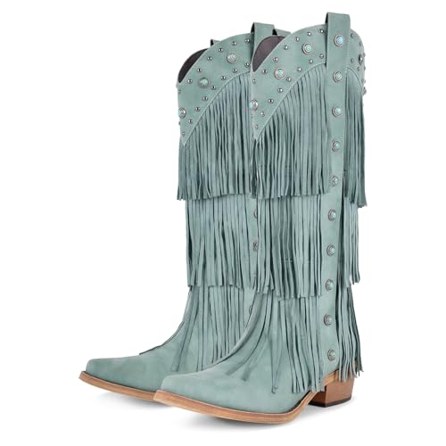 Yolkomo Cowboy Boots for Women Fringe Western Cowgirl Boots Pointed Toe Knee High