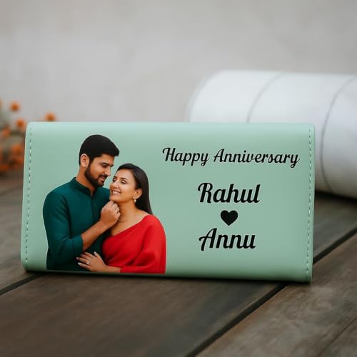 Image of Customized Photo Women Wallet RFID Safe - Photo and Text Engraved on Mini Non Leather Ladies Hand Purse, Birthday or Anniversary or Valentine's Day Personalized Gift for Girls or Woman (Green)