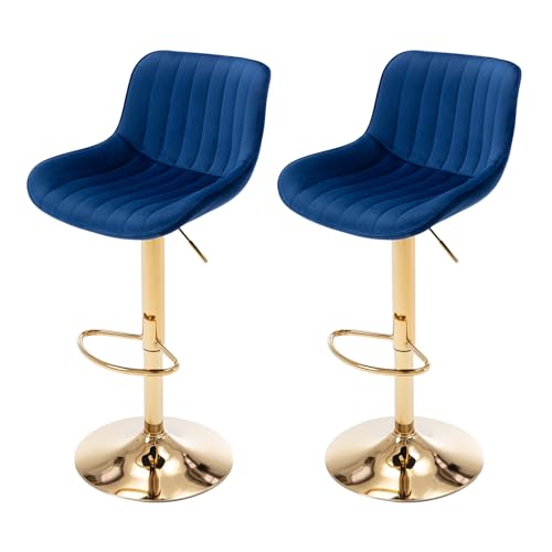 Image of ECHINGLE Velvet Bar Stools Set of 2 - Swivel Counter Height Barstools with Back & Adjustable Height, Modern Gold Kitchen Island Stools for Bar, Armless Pub Stools, Soft Blue Upholstered Seating