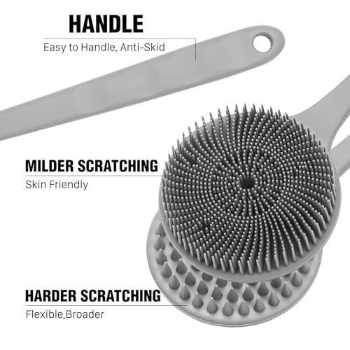 Image of Silicone Body Scrubber for Shower Men Women - Dual-Sided Exfoliating & Massage Shower Brush with Long Handle, Creates Rich Lather, Includes 1 Hook & 2 Lather Balls (Gray).