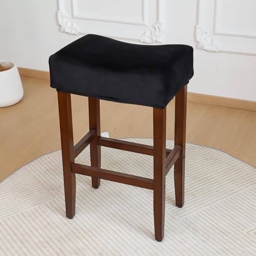Image of Velvet Rectangle Bar Stool Covers Set of 2 Black Stretch Rectangular Saddle Bar Stool Slipcovers 17-20 Inch Counter Height Chair Slipcovers for Kitchen Island & Vanity (Velvet Black)