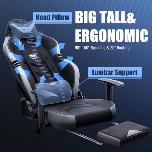 COLAMY Big and Tall Gaming Chair with Footrest 350lbs-Racing Style Computer Gamer PC Chair, Ergonomic High Back with Wide Seat, Reclining Back, 3D Armrest, Headrest and Lumbar Support, Retro Grey - Image 6