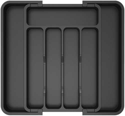 Lifewit Medium Silverware Drawer Organizer, Expandable Utensil Tray for Kitchen, BPA Free Flatware and Cutlery Holder, Adjustable Plastic Storage for Spoons Forks Knives, Black