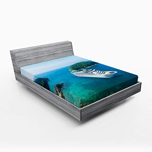 Ambesonne Cruise Ship 2 Pack Fitted Sheet, Passenger Ship Ocean, Bed Cover All-Round Elastic Deep Pockets 2 Pieces, Package Contains 2 Queen Size Fitted Sheets, Green Blue White