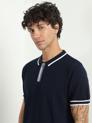 Image of NOBERO Men's Textured Polo Shirt, 100% Cotton Flat Knit, Regular Fit, Vibrant Hues, Classic Polo Collar, Soft & Breathable Casual Wear