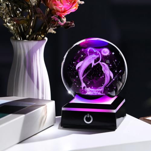 Image of 3D Crystal Ball Dolphin Gifts for Women Men Adults Snow Globe Ornament with LED Base Night Light, Laser Etched Unique Dolphins Figurine Desk Decor Gifts for Couples Nature Lovers