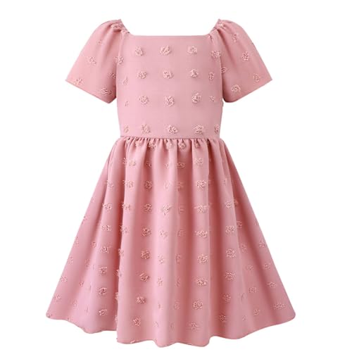 Image of HILEELANG Girls Summer Dress Bow Tie Back A-Line Party Dress for Little Big Girls Short Sleeve Dress with Lining 6-12 Years