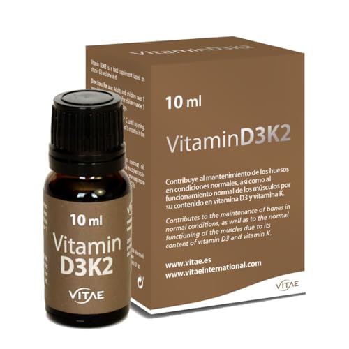 Vitae Vitamina D3 y K2 en Gotas 10ml | 800 UI Vitamina D3 + 20mcg K2 por Gota | Huesos, Sistema Inmune y Músculos | Sin Gluten, Sin Lactosa | Apto Vegetarianos | Clean Label