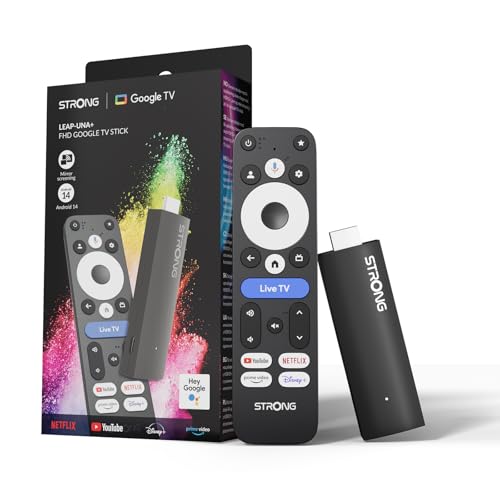 STRONG Leap UNA+ FHD TV Stick con Android 14, 1GB RAM + 8GB Almacenamiento, Bluetooth 5, HDR10+, HLG, Google Assistant, Dispositivo de Streaming para actualización de Smart TV