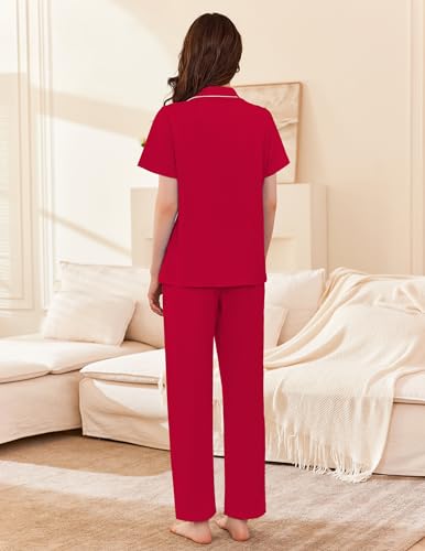 Image of Ekouaer Women's 100% Cotton Pajamas Set Short Sleeve Button Down Pjs 2 Piece Soft Sleepwear with Long Pants Lounge Set
