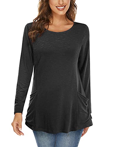 Miusey Women Tunic Tops Long Sleeves Shirts With Round Neck Women Blouse Casual Tunic Black Tops for Mom X-Large