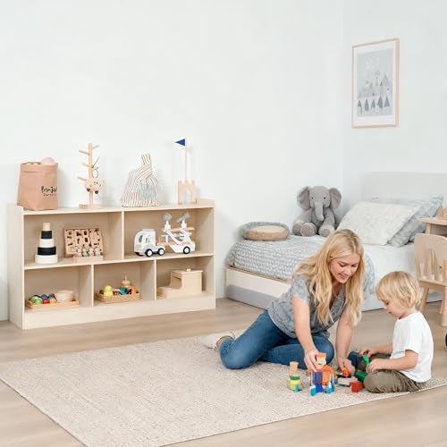 Image of Leeshyah Wooden Toy Shelf for Kids, Montessori Book & Toy Organizer with Open Shelving, 5-Section Customizable Layout for Kids' Room, Playroom & Classroom
