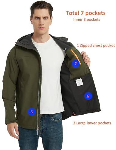 Men's Waterproof Softshell Rain Jacket, Hooded Windbreaker 7 Pockets, Lightweight Shell for Outdoor Activities3