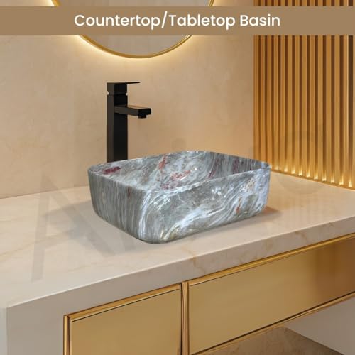 Image of Artiva Ceramic Wash Basin /Tabletop Washbasin For Bathroom,12 inchx16 inch /Small Countetop Bathroom Basin /Table Top Basin For Home,Office,Hotel /Rectangle Glossy Sink (Oligrey-Marble,12x16 Inch)