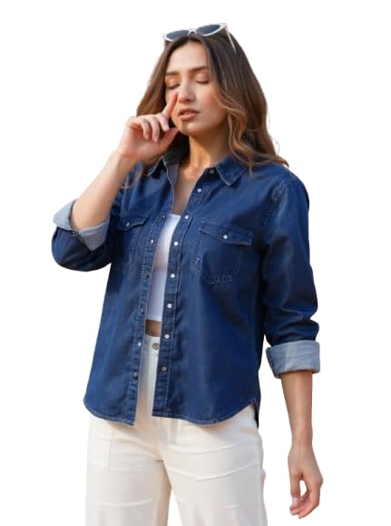 Image of Blue Denim Shirt for Women and Girls Regular Fit LoSF Sleeve Collared Neck Button Down Stylish Casual Wear Ladies Shirt 29