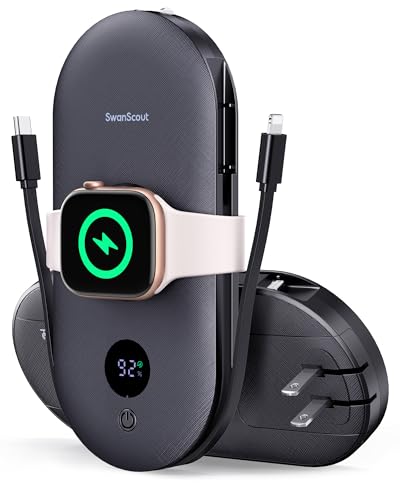 10000mAh Power Bank for iPhone, Portable Charger for Apple Watch, for AirPods, iPad, Beats Studio Pro and More Phones, Tablets, Headphones, Built-in AC Wall Plug and Cables