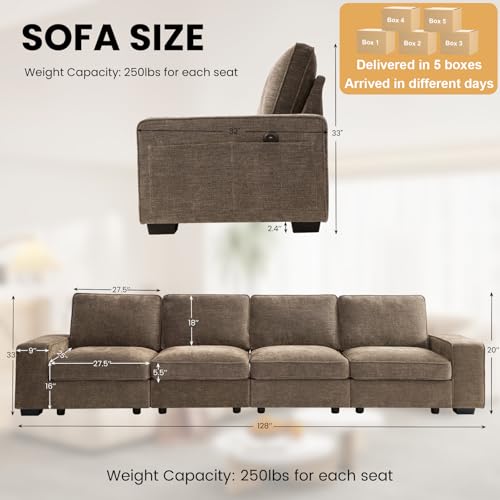 Image of TEKAMON 128 inch Modular Sofa Couch with Seat Storage, Chenille Sofa,Modern Comfy 4-Seater Couch for Living Room, Office, Apart W /Deep Seat, Wide Armrest, USB, Pockets, Removable Covers (Brown)