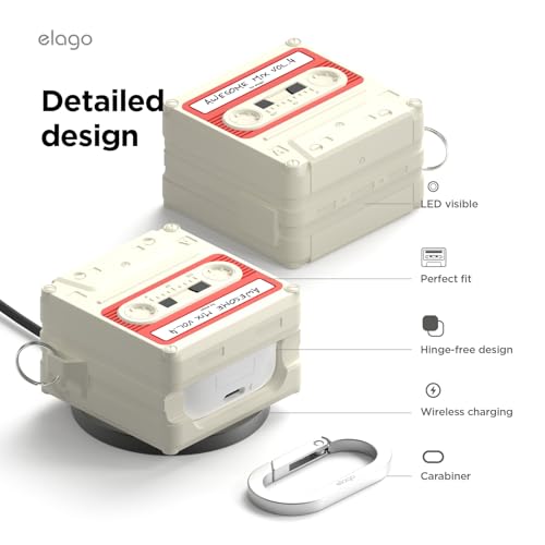 Image of elago Cassette Tape Compatible with Samsung Galaxy Buds 4 Pro Case & Galaxy Buds 4 Case, Carabiner Included, Full Protection, Headphone Accessories, for Men, for Women (Classic White)