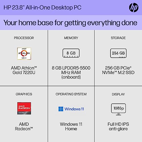 Image of HP 23.8 inch All-in-One Desktop PC, FHD Display, AMD Athlon Gold 7220U, 8 GB RAM, 256 GB SSD, AMD Radeon Graphics, Windows 11 Home, 24-cr0020 (2023)