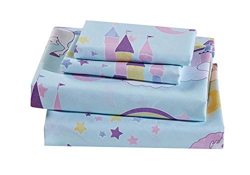 Elegant Home Multicolor Aqua Blue Purple Castle Princess Unicorn Rainbow 3 Piece Printed Sheet Set with Pillowcase Flat Fitted Sheet for Girls/Kids/Teens # Unicorn Blue (Twin Size)