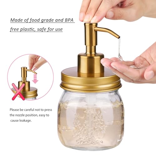 Image of Amolliar Mason Jar Liquid Soap Dispenser Pump, Rustproof Stainless Steel Lid, Refillable Soap Pump for Kitchen, Bathroom, Hand, Dish, Lotion Soap Pump Replacement, Cute Farmhouse Decor, Golden 2 Pack