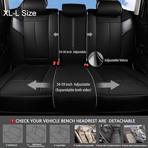 Image of CAR PASS Nappa Leather Back Seat Cover, Waterproof Bench Rear Seat Cover, Breathable Back Row Protector Luxury Cushioned, XL-L-M Size Universal Fit for Cars SUV Pick-up Truck Sedan(Black Charcoal)