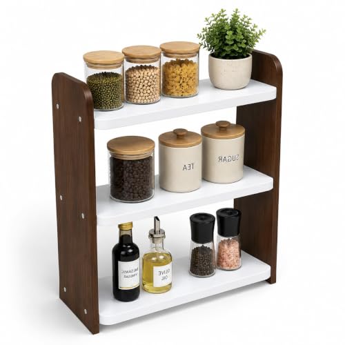 Image of 3-Tier Kitchen Organizer Rack for Countertop, Engineered Wood Spice Rack Shelf, Space Saving Storage Stand for Kitchen, Bathroom & Office, Easy Assembly, Dark Brown (White & Brown)
