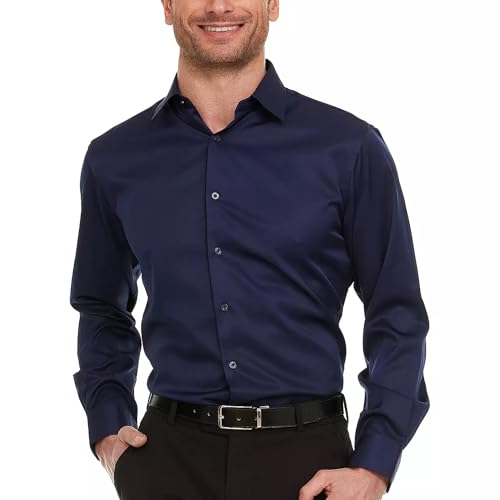 Geoffrey Beene Mens Slim Fit Sateen Stretch Button Down Dress Shirt Formal Wrinkle Resistant Navy