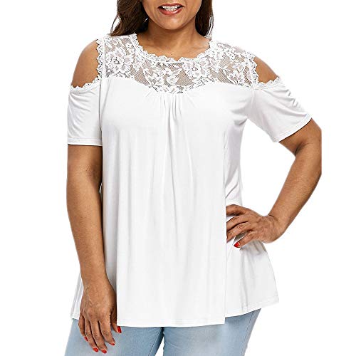 LOPILY Tunique à manches courtes pour femme - Été - Fleur - Dentelle - Patchwork - Uni - Haut - Mode - Élégant - Épaules dénudées - Blouse en dentelle - Jaune - 40 Cover