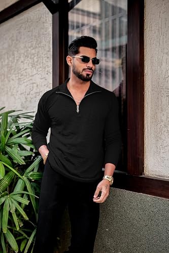 Image of KAJARU Men's Quarter Zip Pullover T-Shirt, Textured Ribbed Long Sleeve, Casual Mock Neck