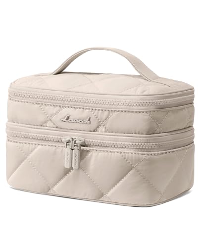 LOVEVOOK Travel Makeup Bag,Large Open Flat Tolietry Bag for Women,Waterproof Portable Cosmetic Pouch,Double Layer Quilted Makeup Bag Organizer With Handle,Travel Essentials,Gift for Her