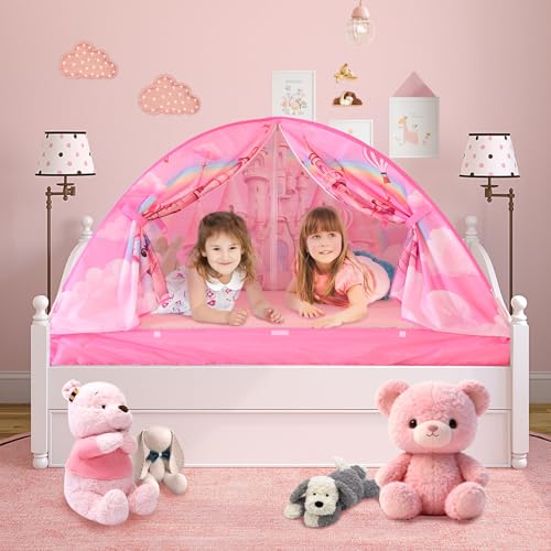 Image of Kid Bed Tent -Twin Play Tent Baby Toddlers Dream Playhouse(Pink Castle)