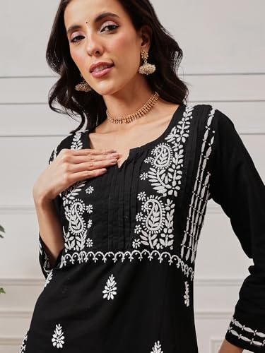 Image of Ada Women's Cotton Straight Fit Tunic Hand Embroidered Straight Lucknow Chikankari Kurta Kurti A411435